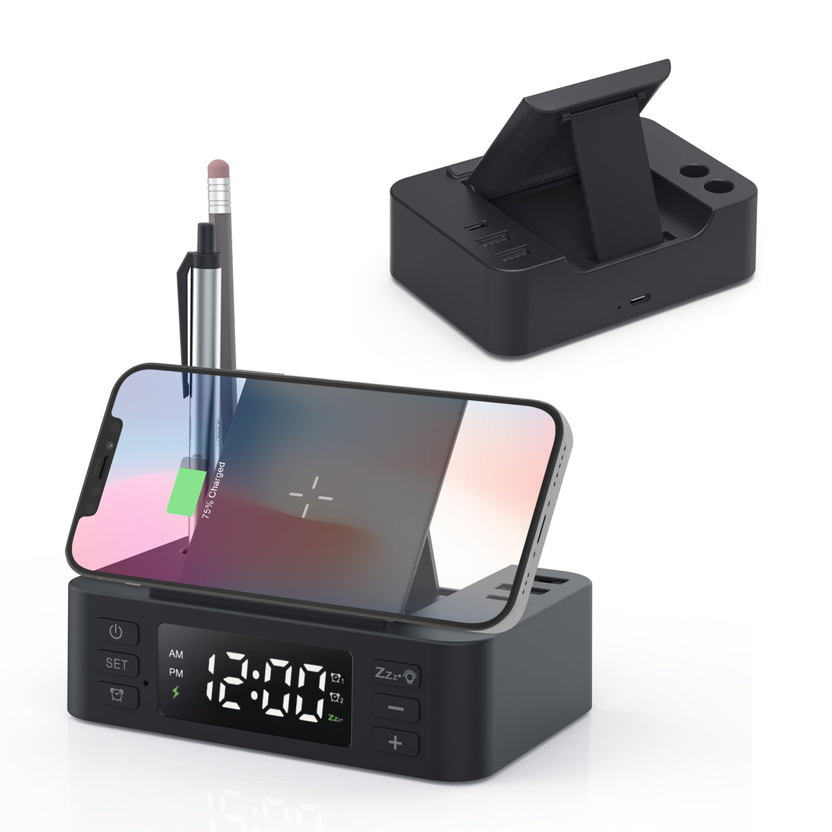 Chargeur sans fil 15 W avec horloge et pot à crayons