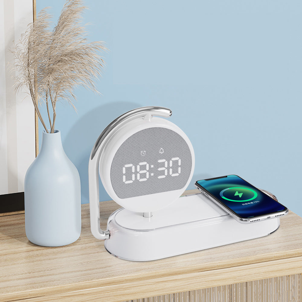 Réveil blanc avec chargeur sans fil et veilleuse 3 en 1