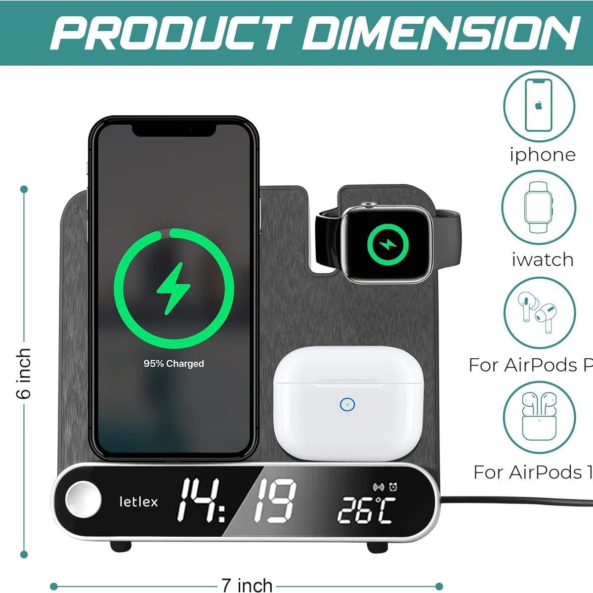 Station de charge sans fil 3 en 1 avec horloge, 15 W