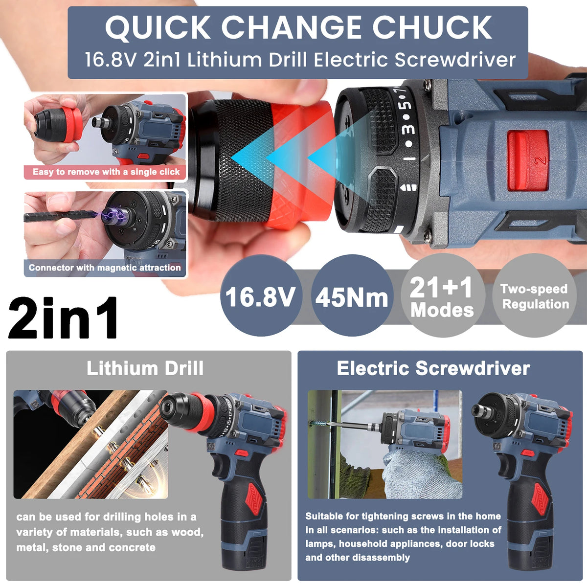 Perceuse-visseuse sans fil brushless 16,8 V, 45 Nm, 2 batteries