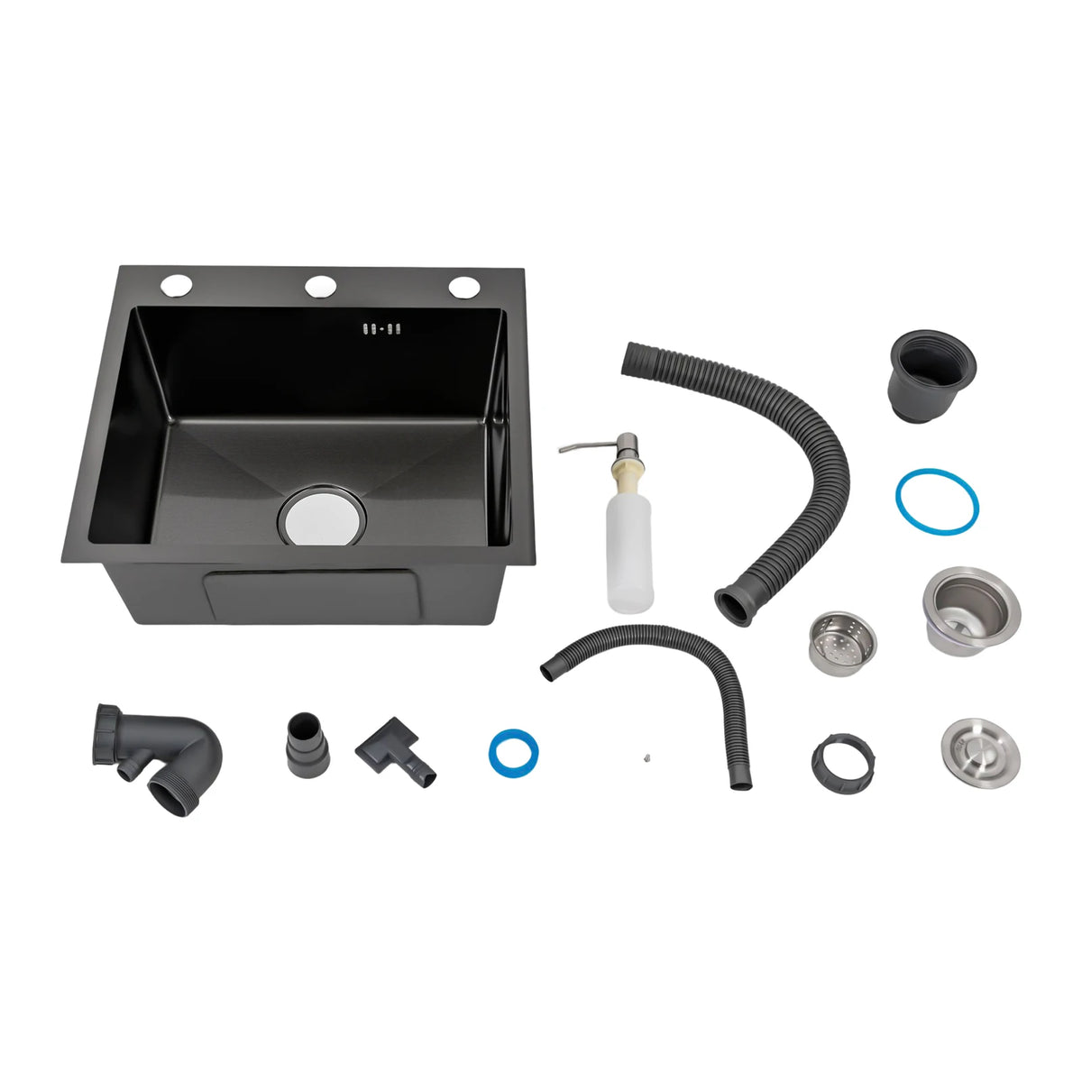 Évier de cuisine inox noir mat 50 × 45 cm avec distributeur de savon