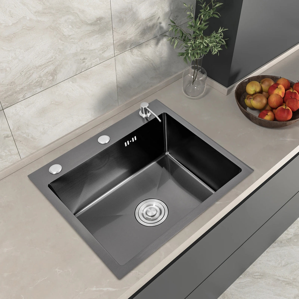 Évier de cuisine inox noir mat 50 × 45 cm avec distributeur de savon
