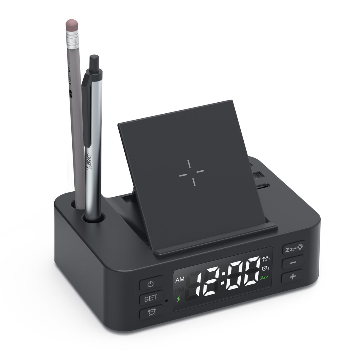 Chargeur sans fil 15 W avec horloge et pot à crayons