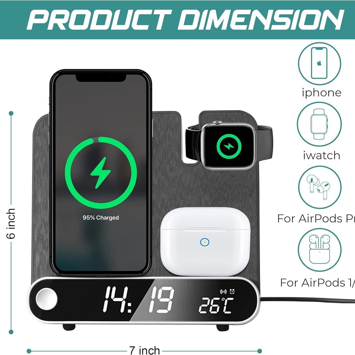 Station de charge sans fil 3 en 1 avec horloge, 15 W