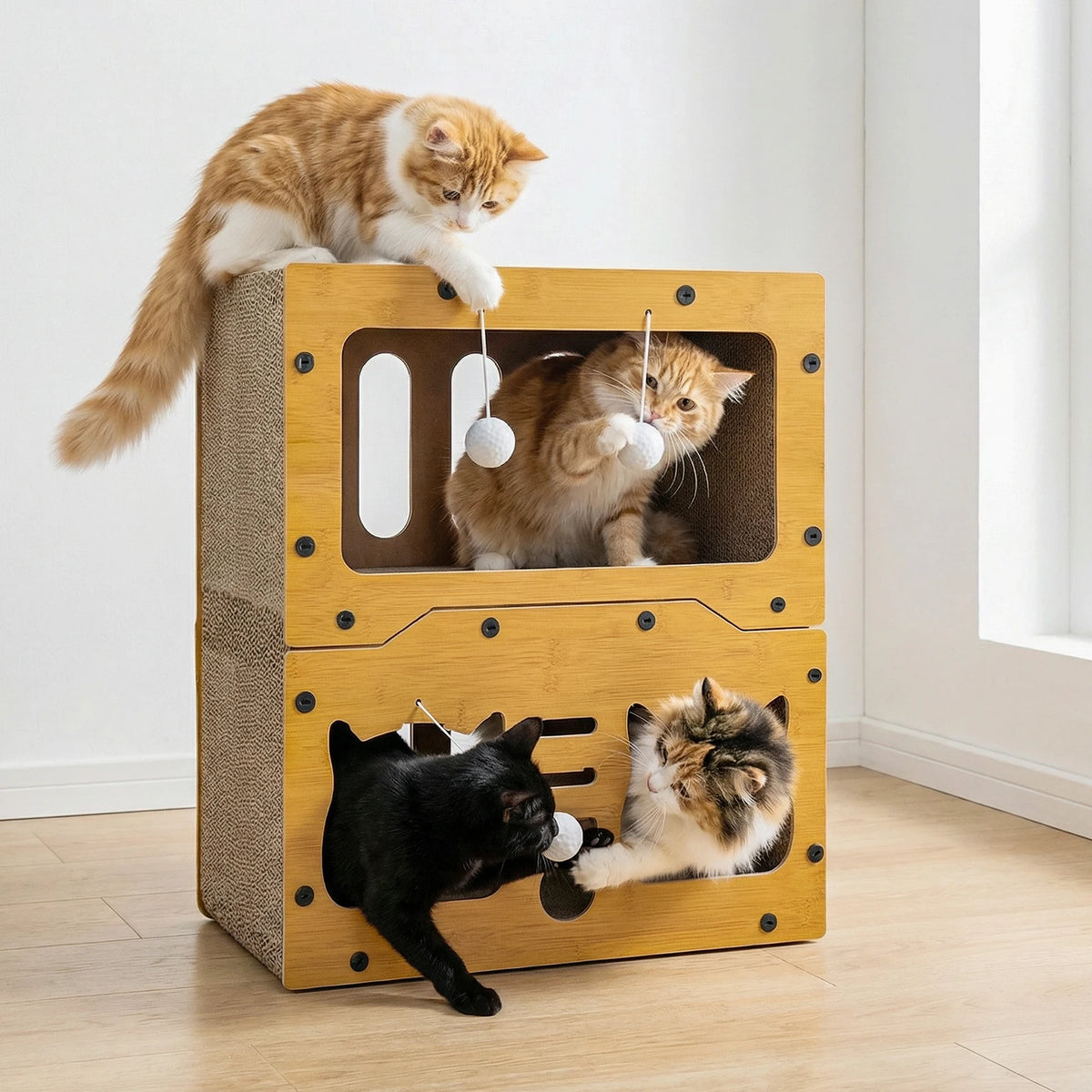 Maison pour chat 3 niveaux avec griffoir en carton