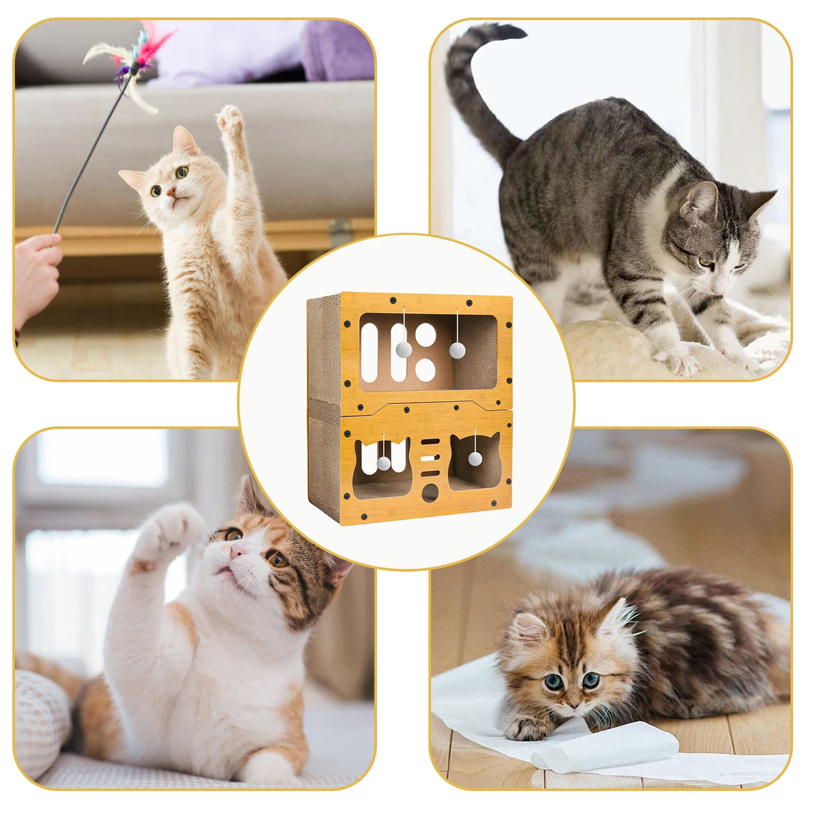 Maison pour chat 3 niveaux avec griffoir en carton