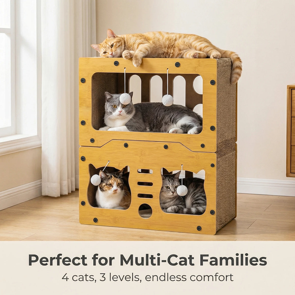 Maison pour chat 3 niveaux avec griffoir en carton