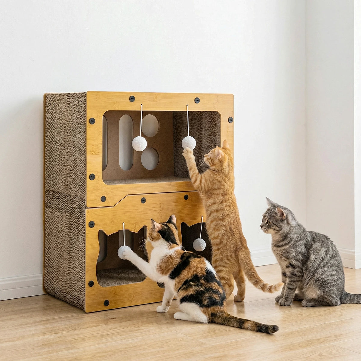 Maison pour chat 3 niveaux avec griffoir en carton