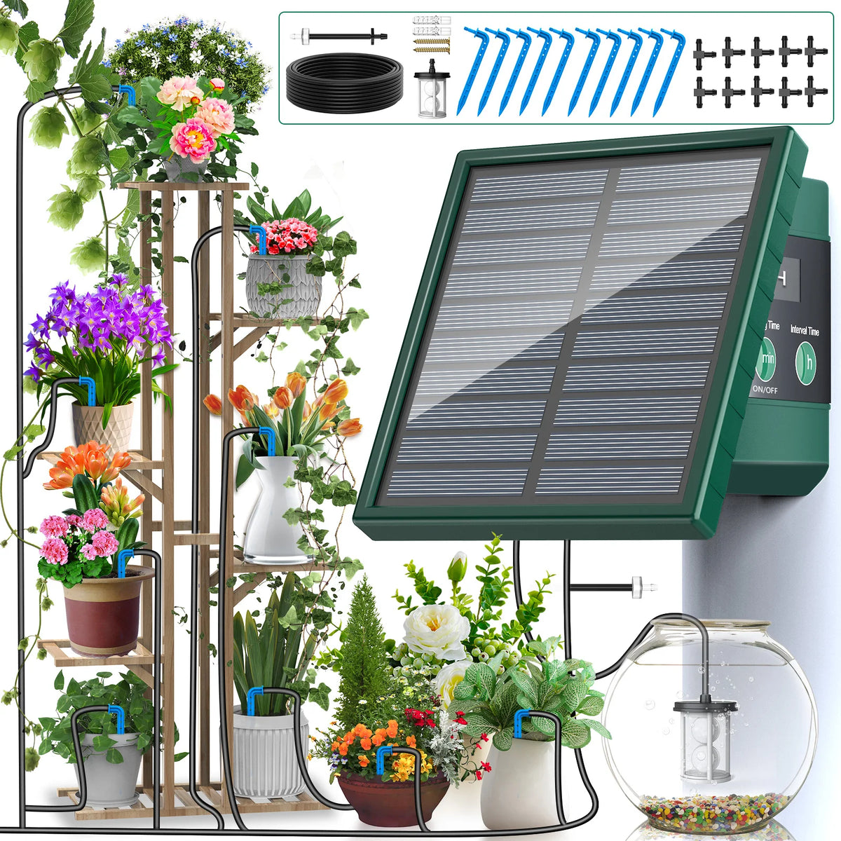 Kit d’arrosage goutte-à-goutte solaire automatique, tuyau 10 m