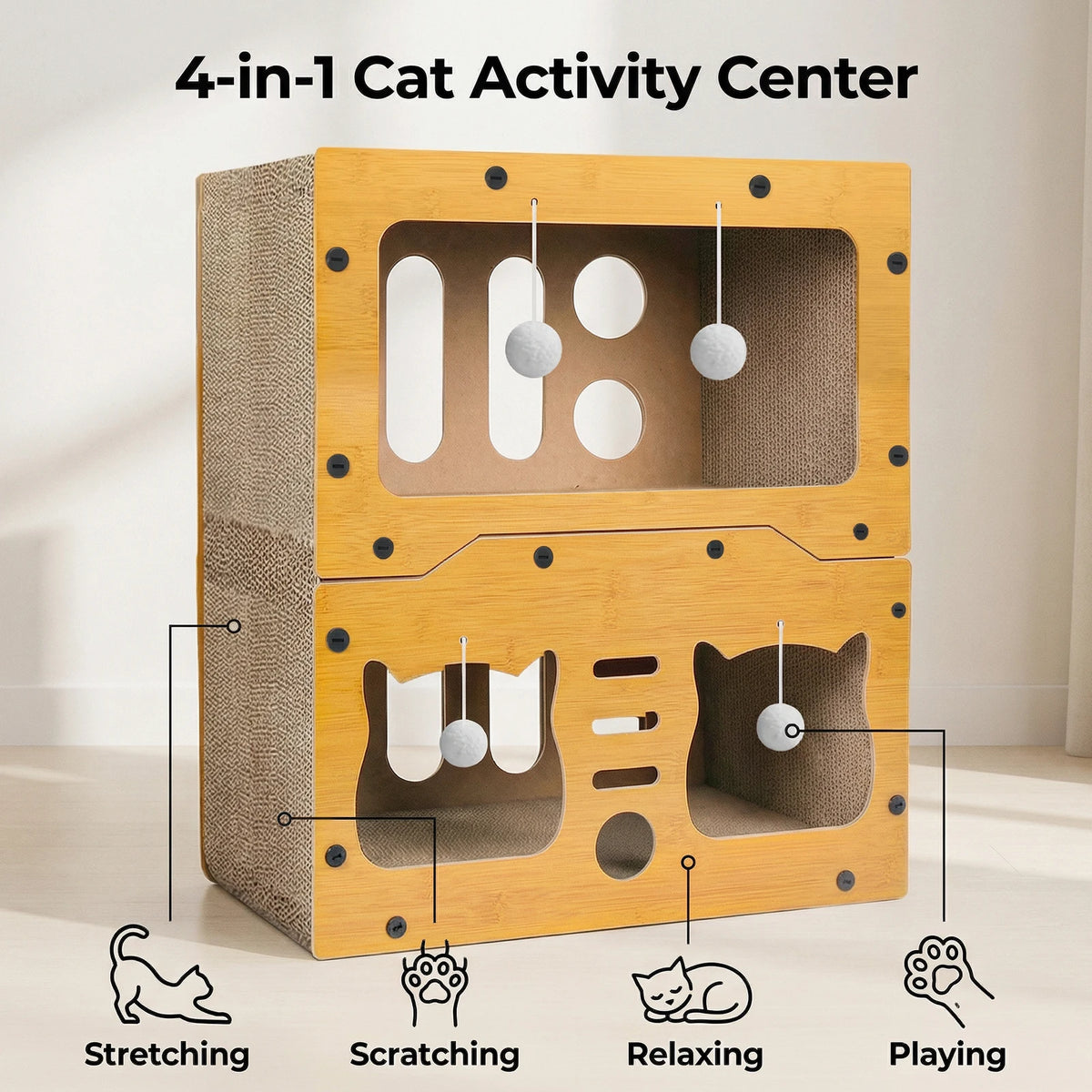 Maison pour chat 3 niveaux avec griffoir en carton
