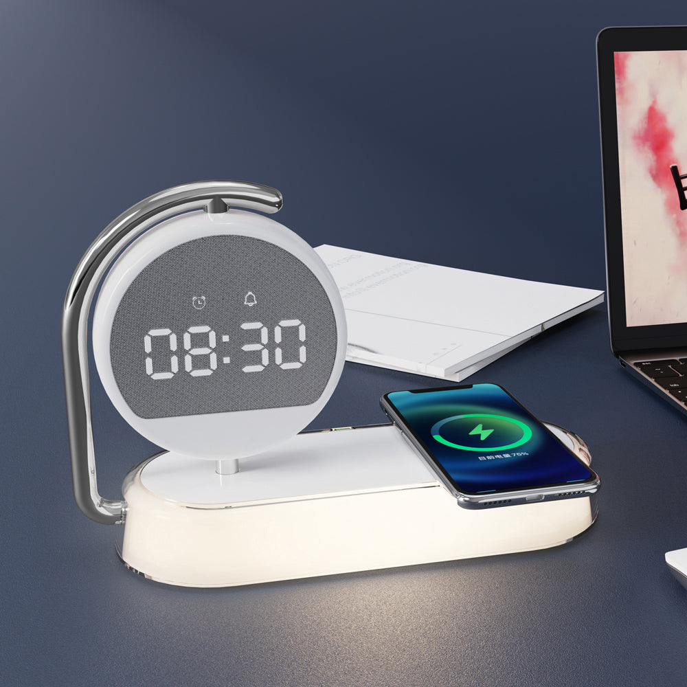 Réveil blanc avec chargeur sans fil et veilleuse 3 en 1
