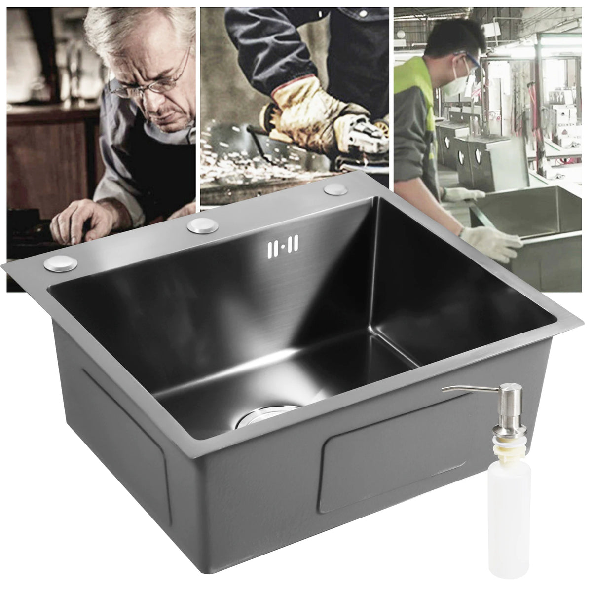 Évier de cuisine inox noir mat 50 × 45 cm avec distributeur de savon