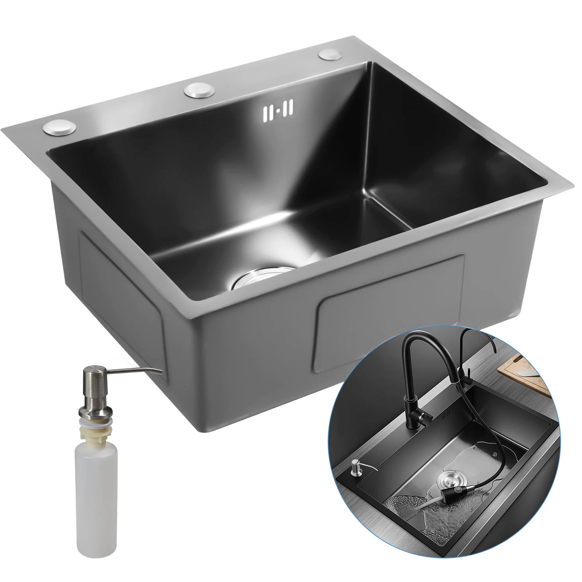 Évier de cuisine inox noir mat 50 × 45 cm avec distributeur de savon