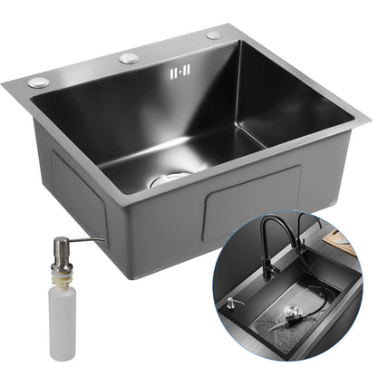 Évier de cuisine inox noir mat 50 × 45 cm avec distributeur de savon