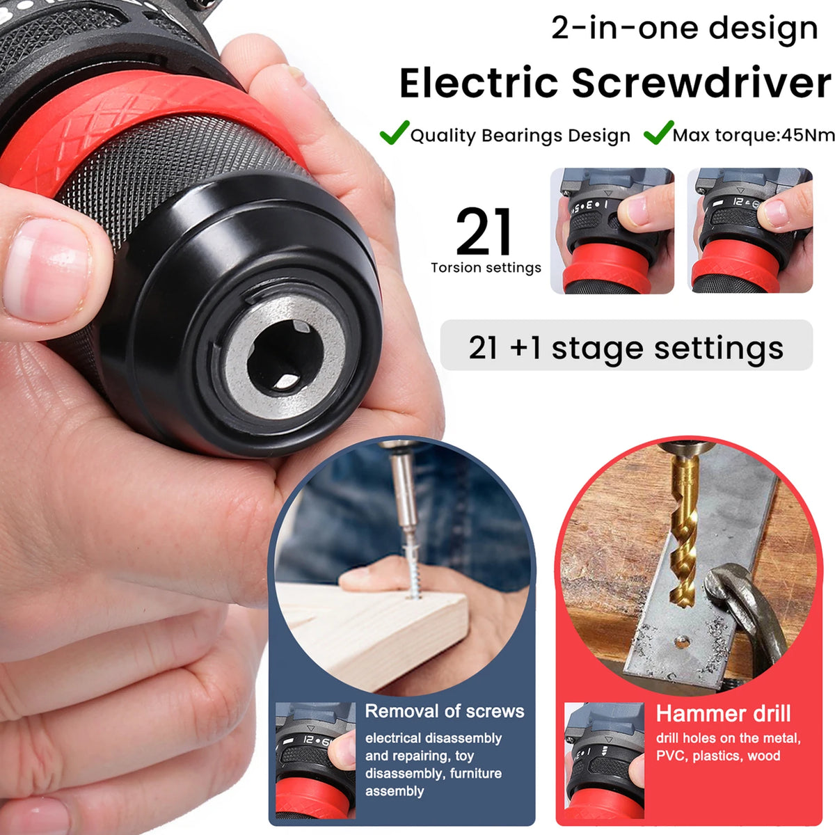 Perceuse-visseuse sans fil brushless 16,8 V, 45 Nm, 2 batteries