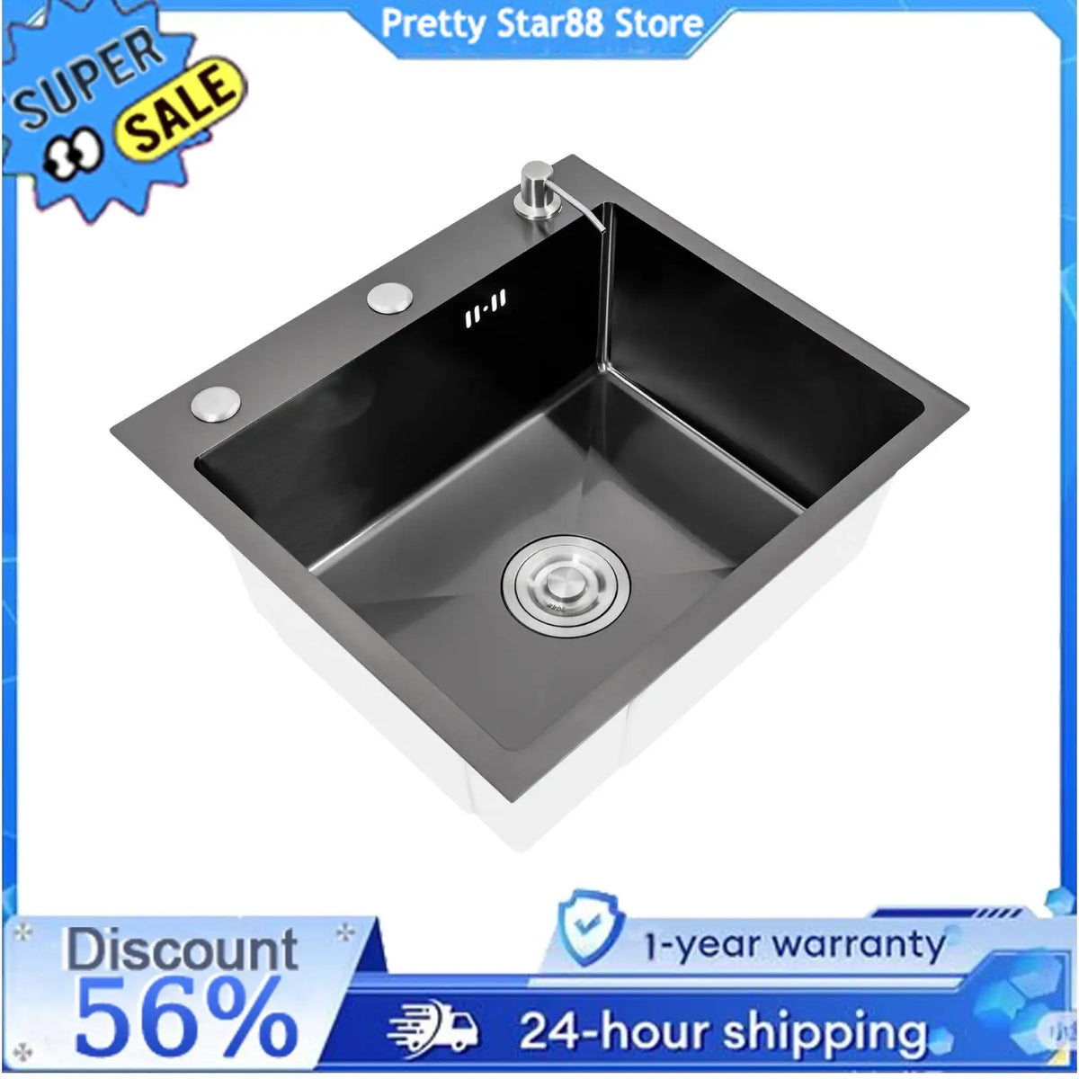 Évier de cuisine inox noir mat 50 × 45 cm avec distributeur de savon