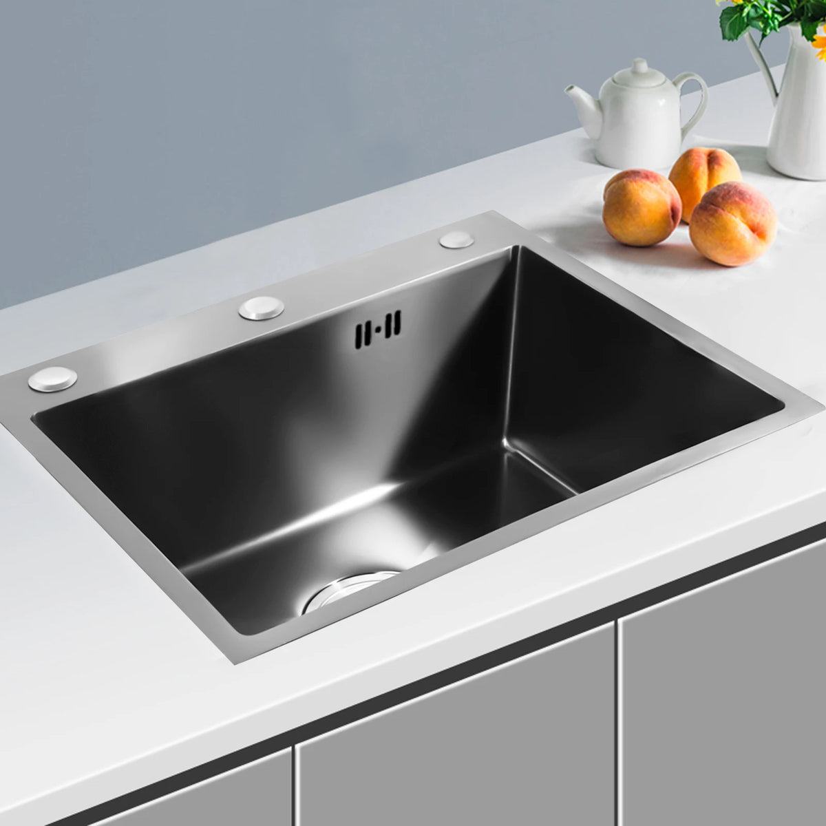 Évier de cuisine inox noir mat 50 × 45 cm avec distributeur de savon