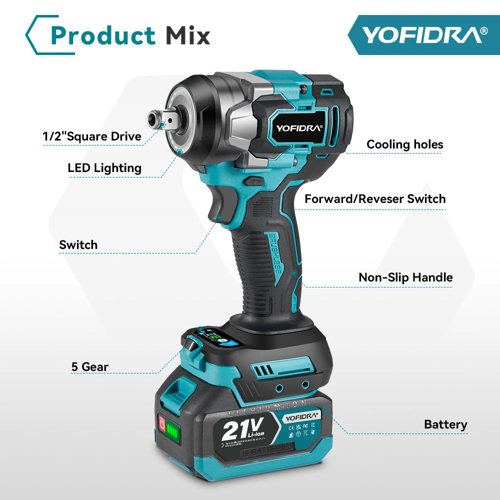 YOFIDRA 5 Gears 1200N.M Torque Brushless Electric Wrench Cordless Car Screwdriver Househeld Power Tools For Makita Battery Pin