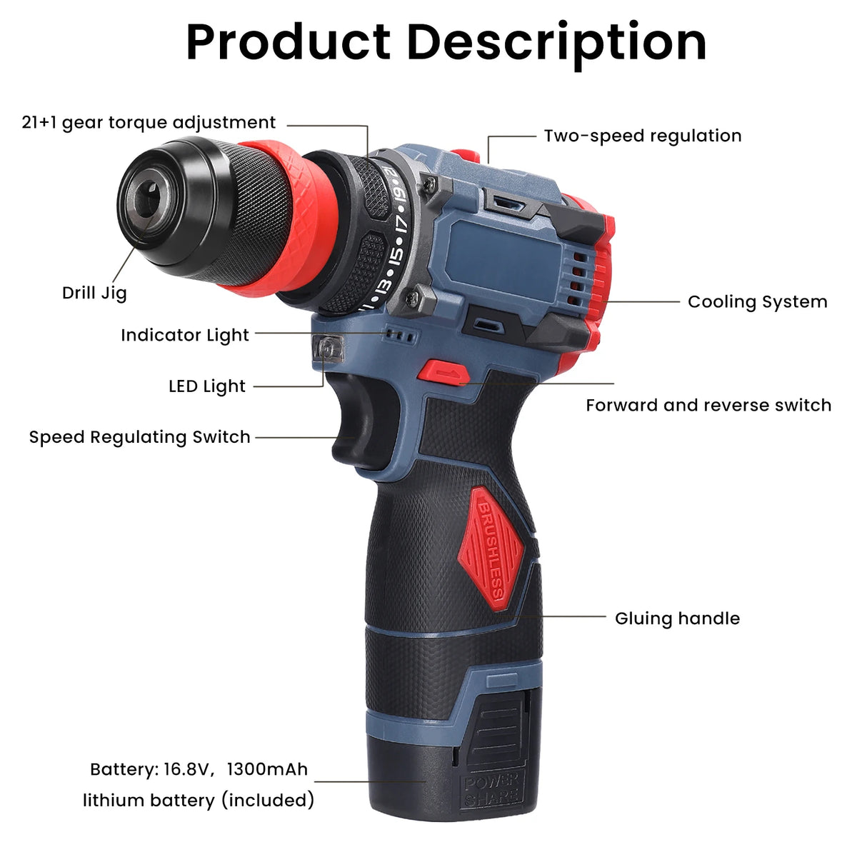 Perceuse-visseuse sans fil brushless 16,8 V, 45 Nm, 2 batteries