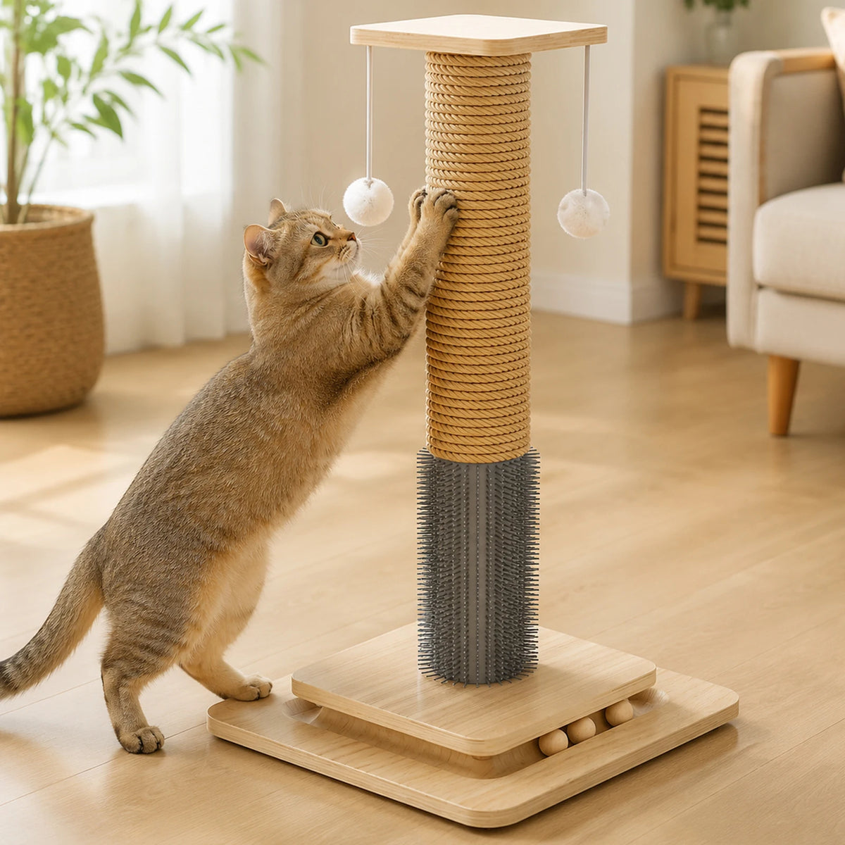 Griffoir pour chat 2 niveaux avec balles et jouet suspendu