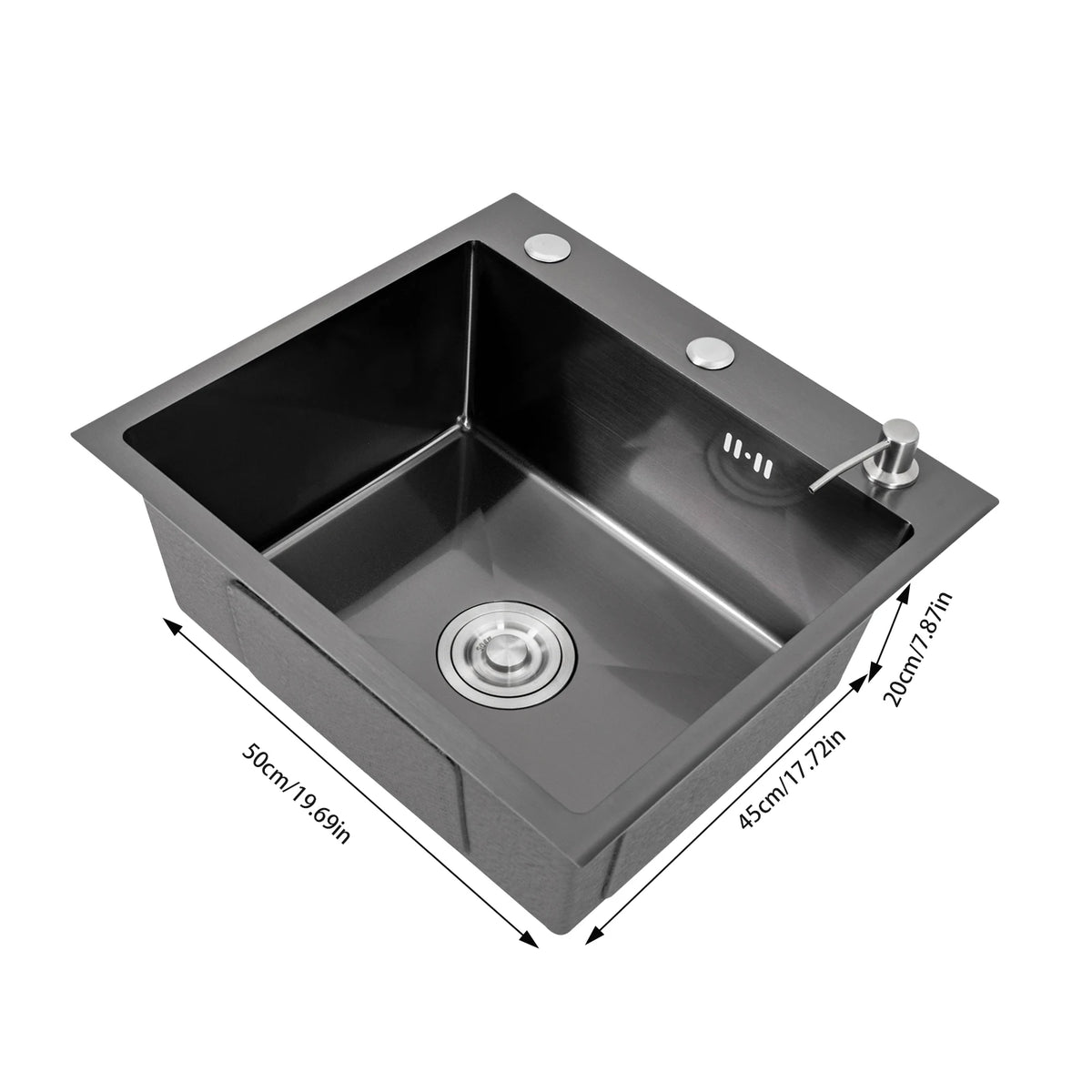 Évier de cuisine inox noir mat 50 × 45 cm avec distributeur de savon
