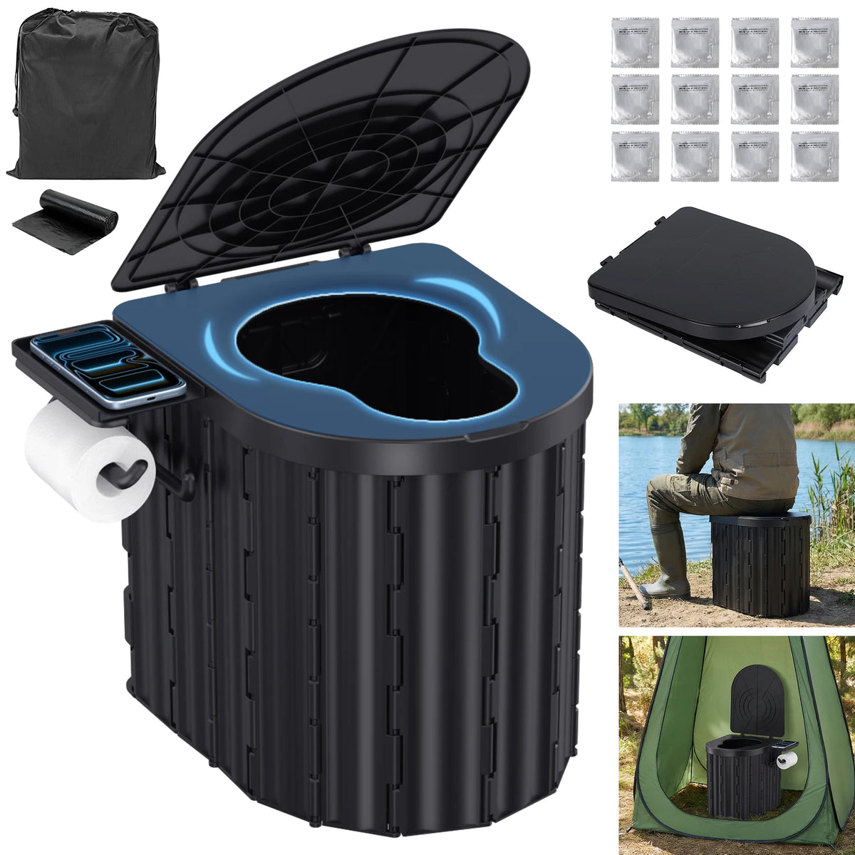 Toilettes portables pliantes avec couvercle pour le camping et les voyages - APPRO-DISTRI