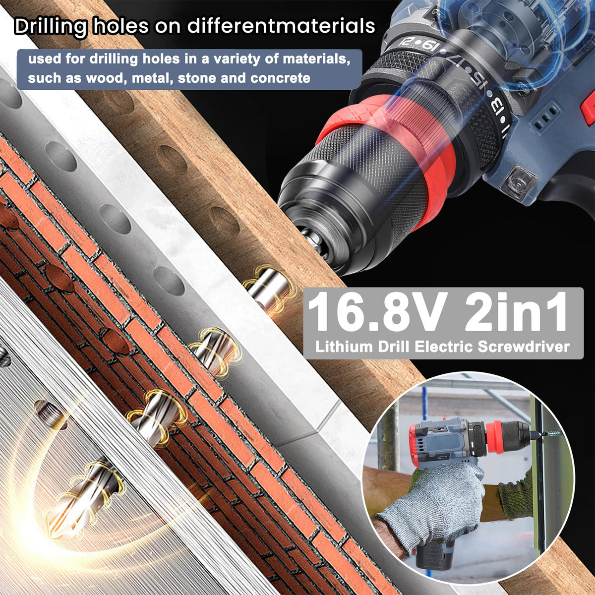 Perceuse-visseuse sans fil brushless 16,8 V, 45 Nm, 2 batteries