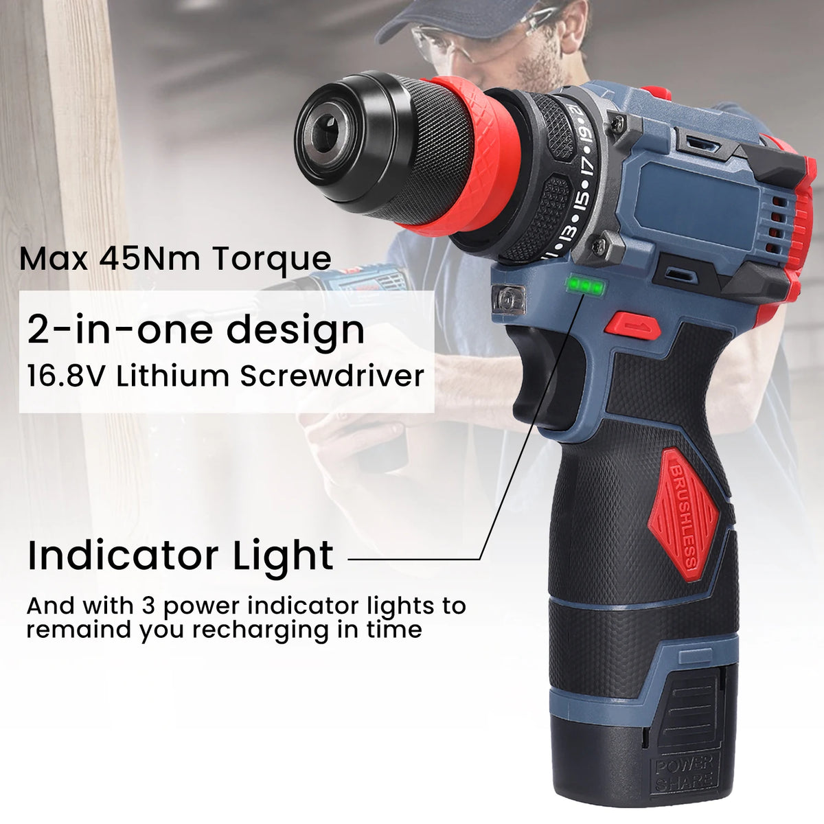 Perceuse-visseuse sans fil brushless 16,8 V, 45 Nm, 2 batteries