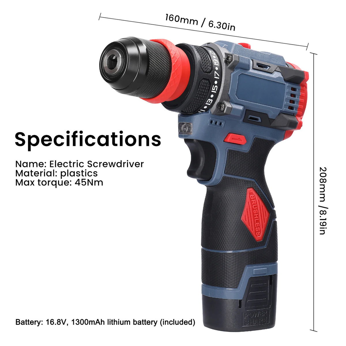 Perceuse-visseuse sans fil brushless 16,8 V, 45 Nm, 2 batteries